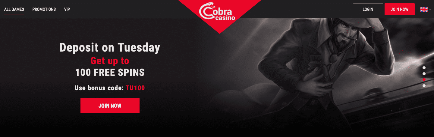 Deposit on Tuesday at Cobra Casino and Get Up To 100 Free Spins