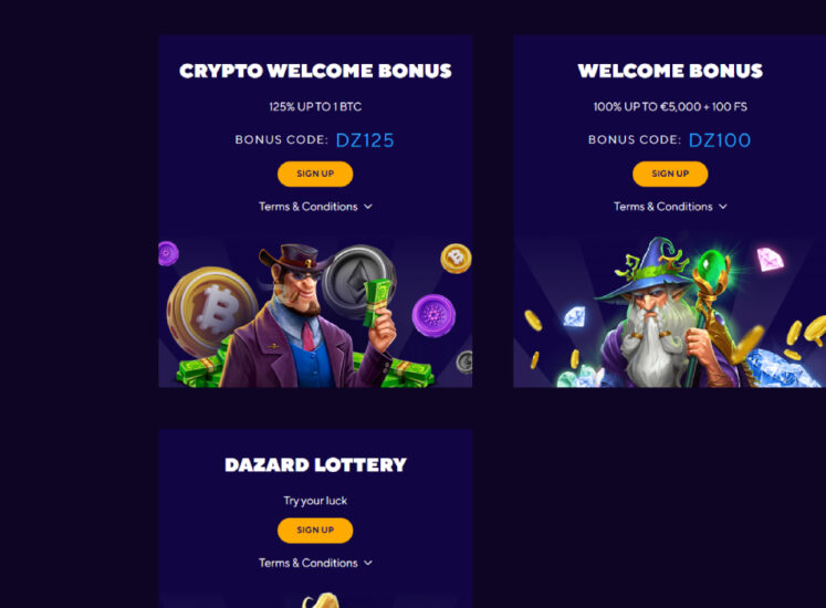 Dazard Casino Bonuses Section