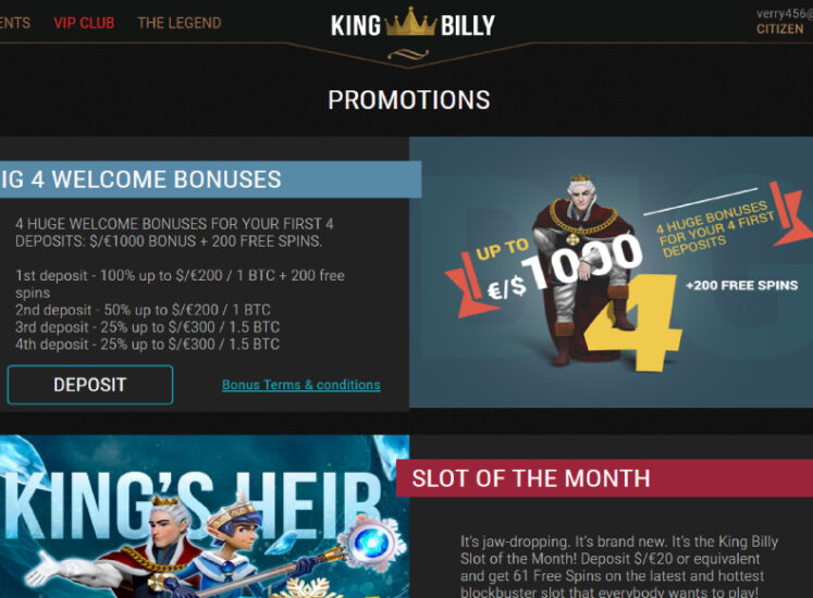 King Billy Casino Bonuses Section