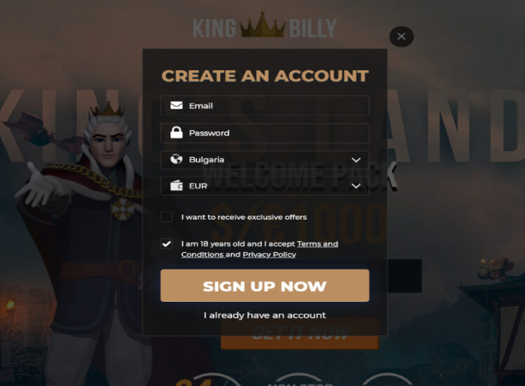 King Billy Casino Registration Screen