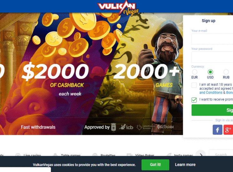 Vulkan Vegas Casino Home Page Screen