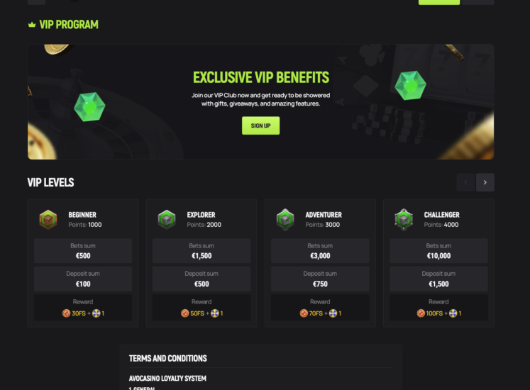 Avocasino VIP Page