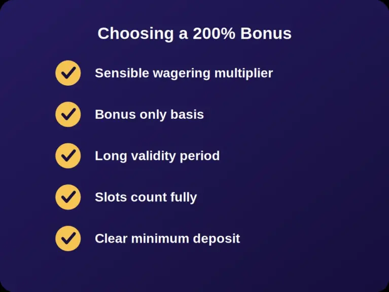 Checklist of player friendly factors to compare when choosing a 200% deposit bonus