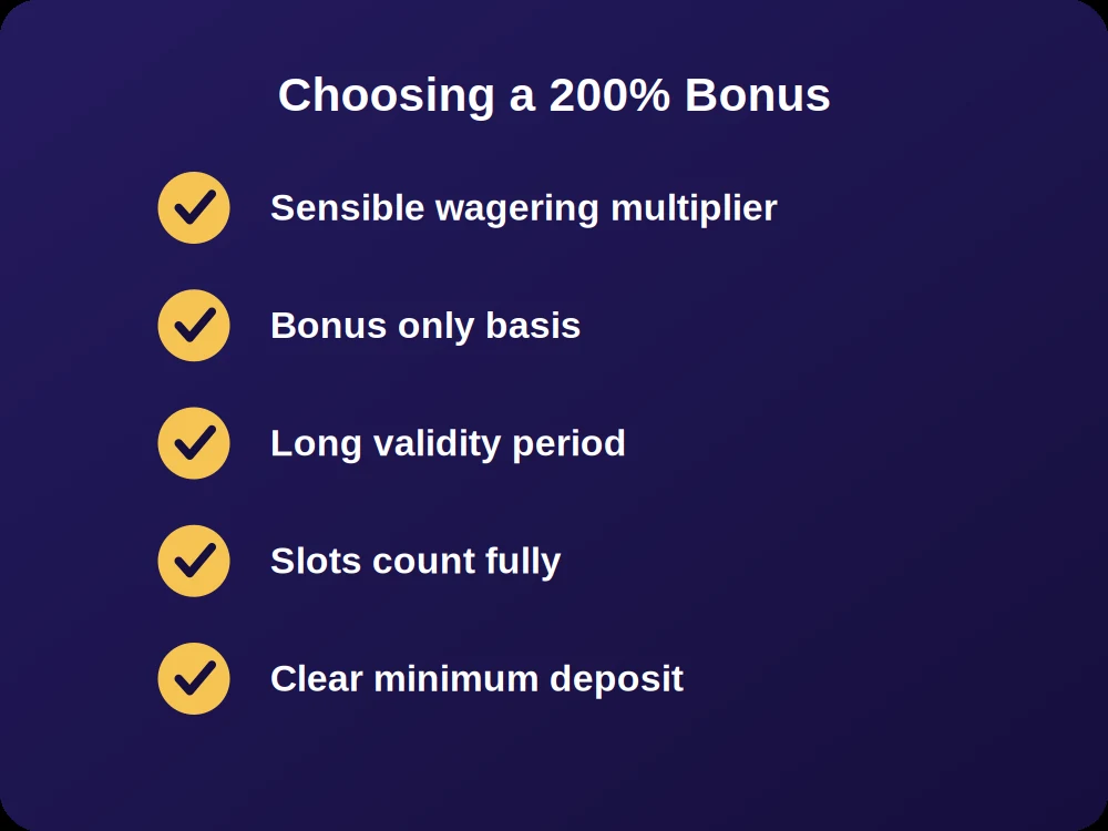 Checklist of player friendly factors to compare when choosing a 200% deposit bonus