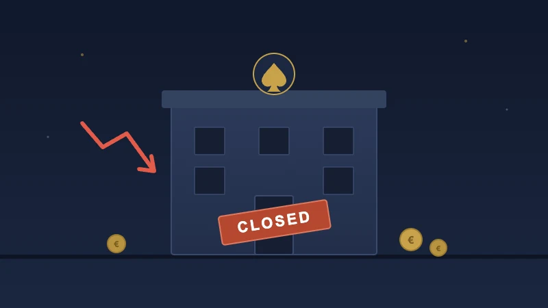 Closed online casino building with a CLOSED sign and falling revenue arrow