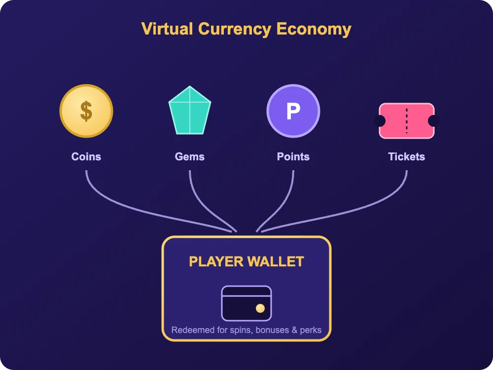 Casino gamification virtual currency economy with coins, gems, points and tickets feeding a player wallet