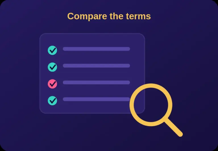 Checklist and magnifier representing comparing first deposit casino bonus terms