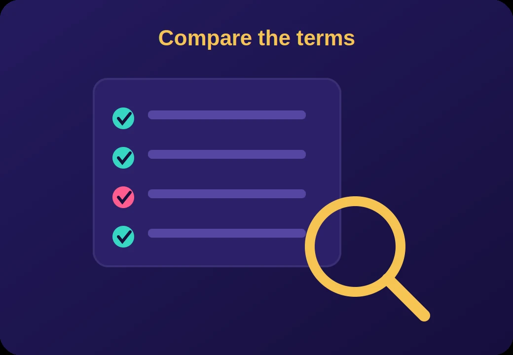 Checklist and magnifier representing comparing first deposit casino bonus terms
