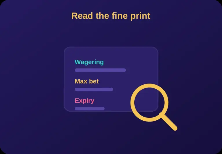 Magnifier over a card listing wagering, max bet and expiry terms of a third deposit casino bonus