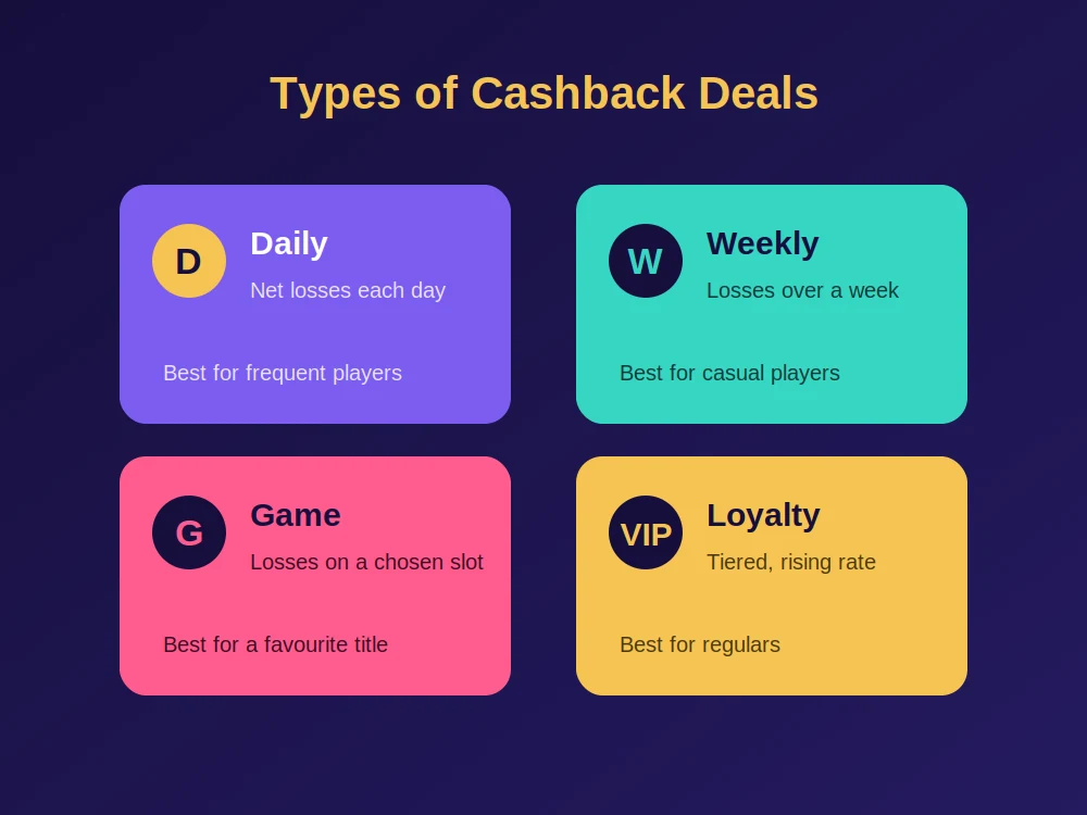 Types of cashback deals: daily, weekly, game-specific and loyalty