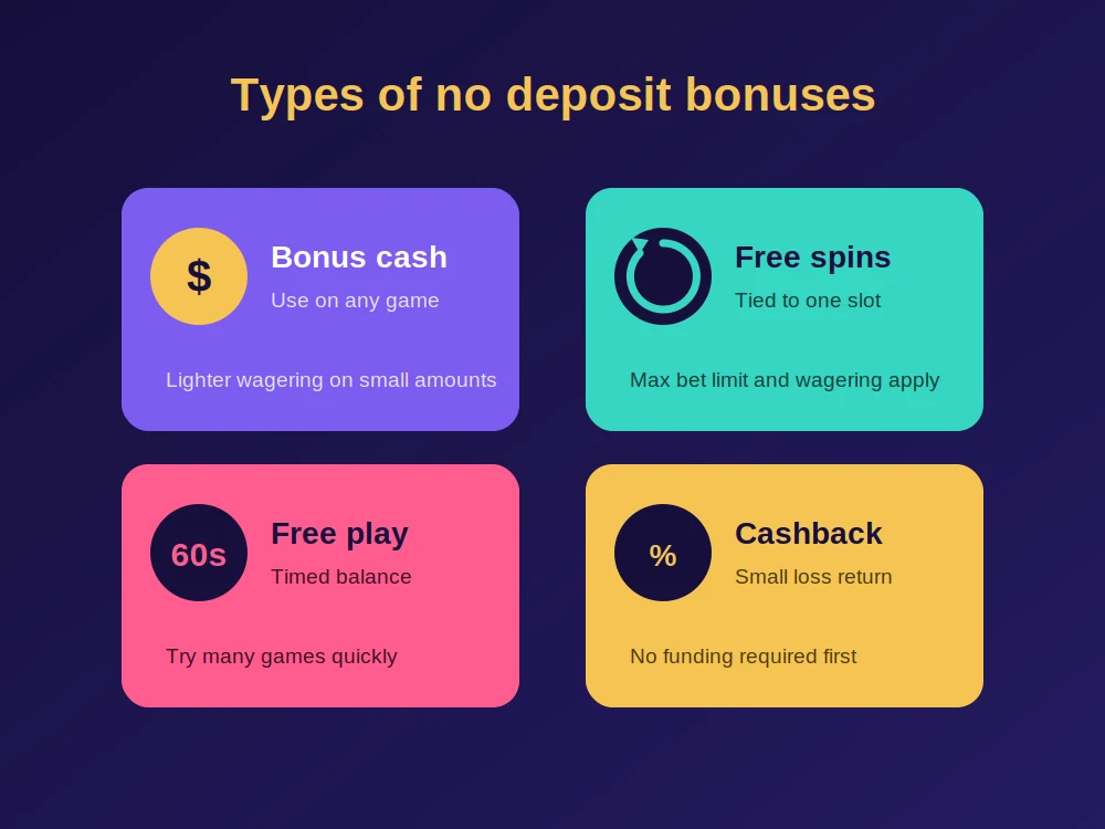 Types of no deposit bonuses: cash, free spins, free play and cashback