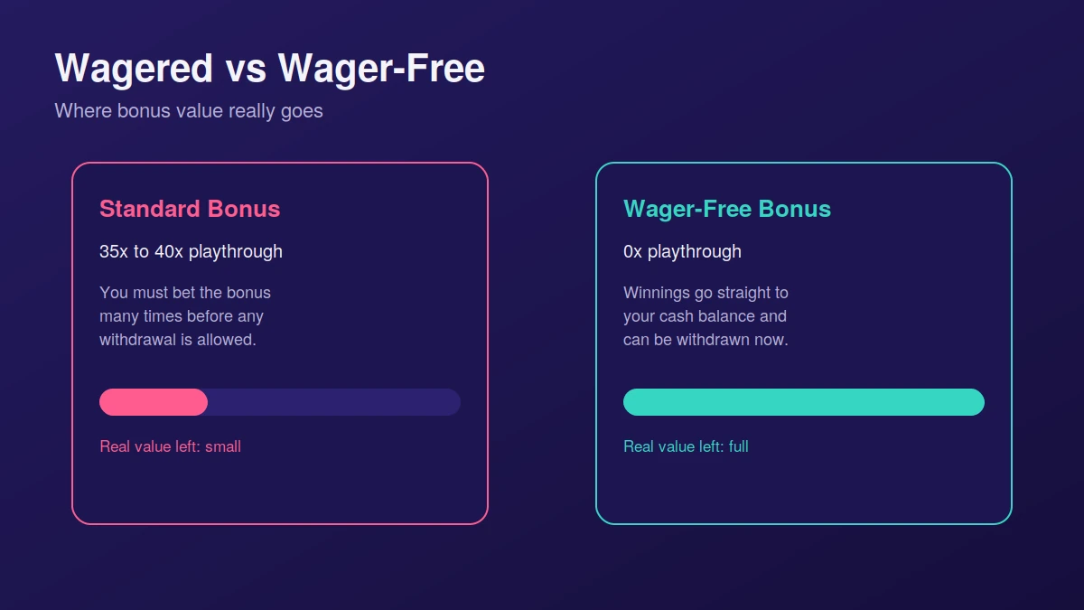 Comparison of a standard wagered casino bonus with 35x to 40x playthrough versus a wager-free bonus with 0x playthrough