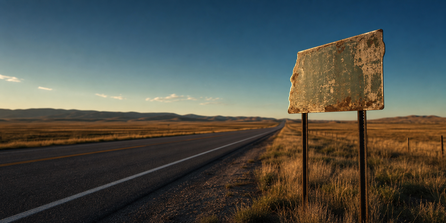 Weathered state line road sign beside an empty American highway at golden hour