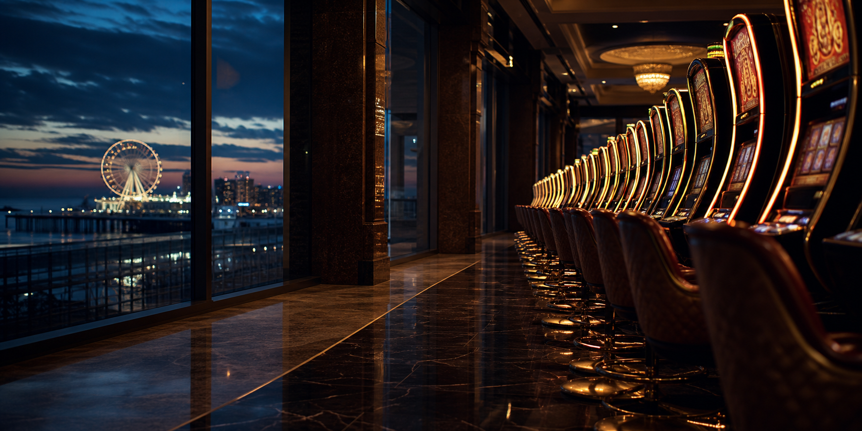 Casino slot machine floor at night with the Atlantic City boardwalk and Ferris wheel visible through the windows, New Jersey
