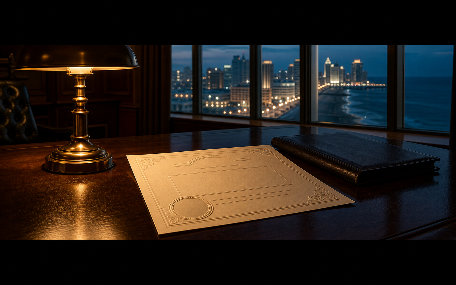 Official gaming licence certificate on a desk in lamplight with the Atlantic City skyline beyond, New Jersey licensed casinos