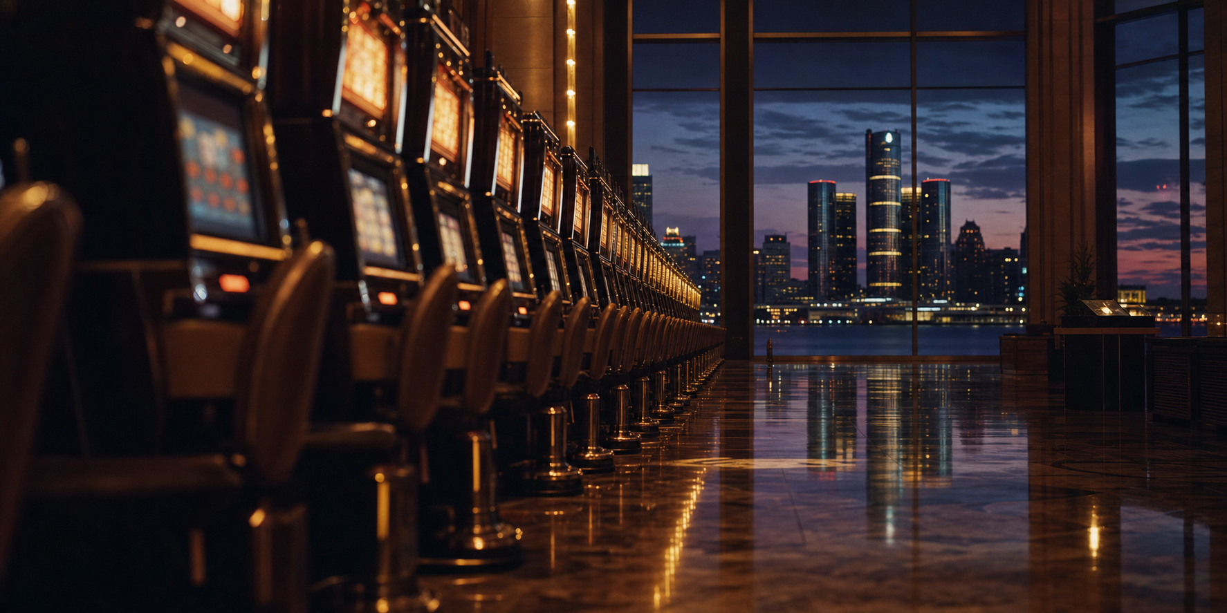 Casino slot machine floor at night with the Detroit skyline and Renaissance Center visible through the windows, Michigan
