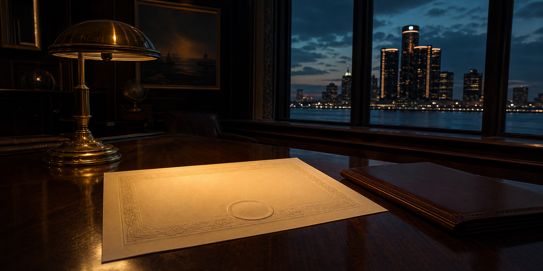 Official gaming licence certificate on a desk in lamplight with the Detroit skyline beyond, Michigan licensed casinos