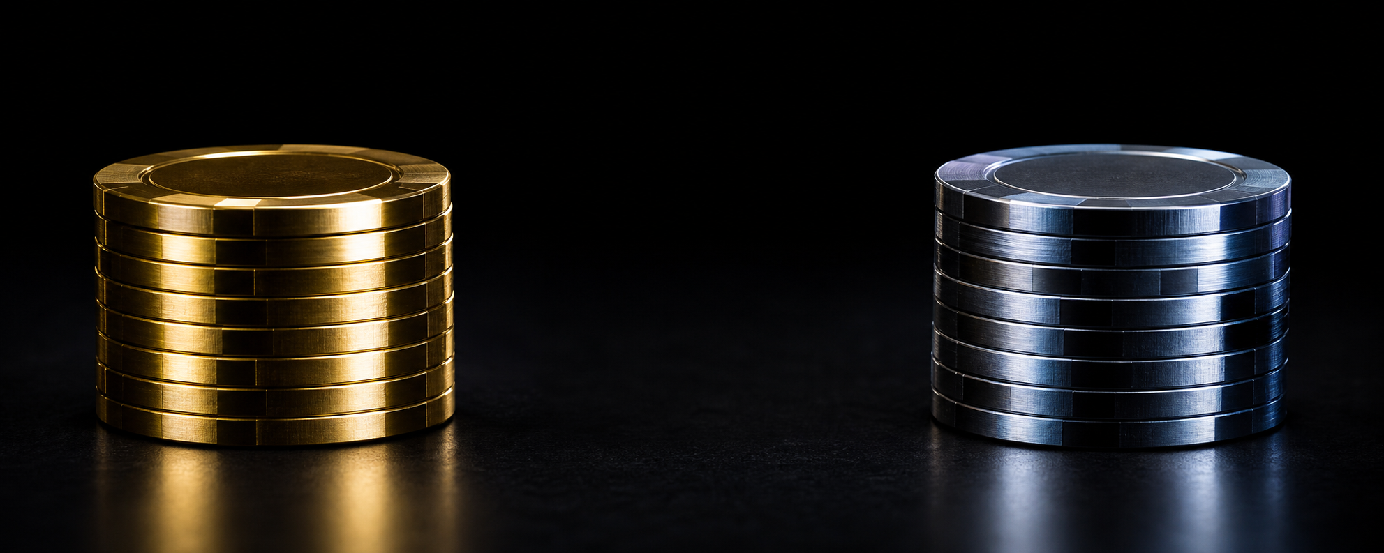 Two separate stacks of gold and silver blue casino tokens on a dark reflective surface