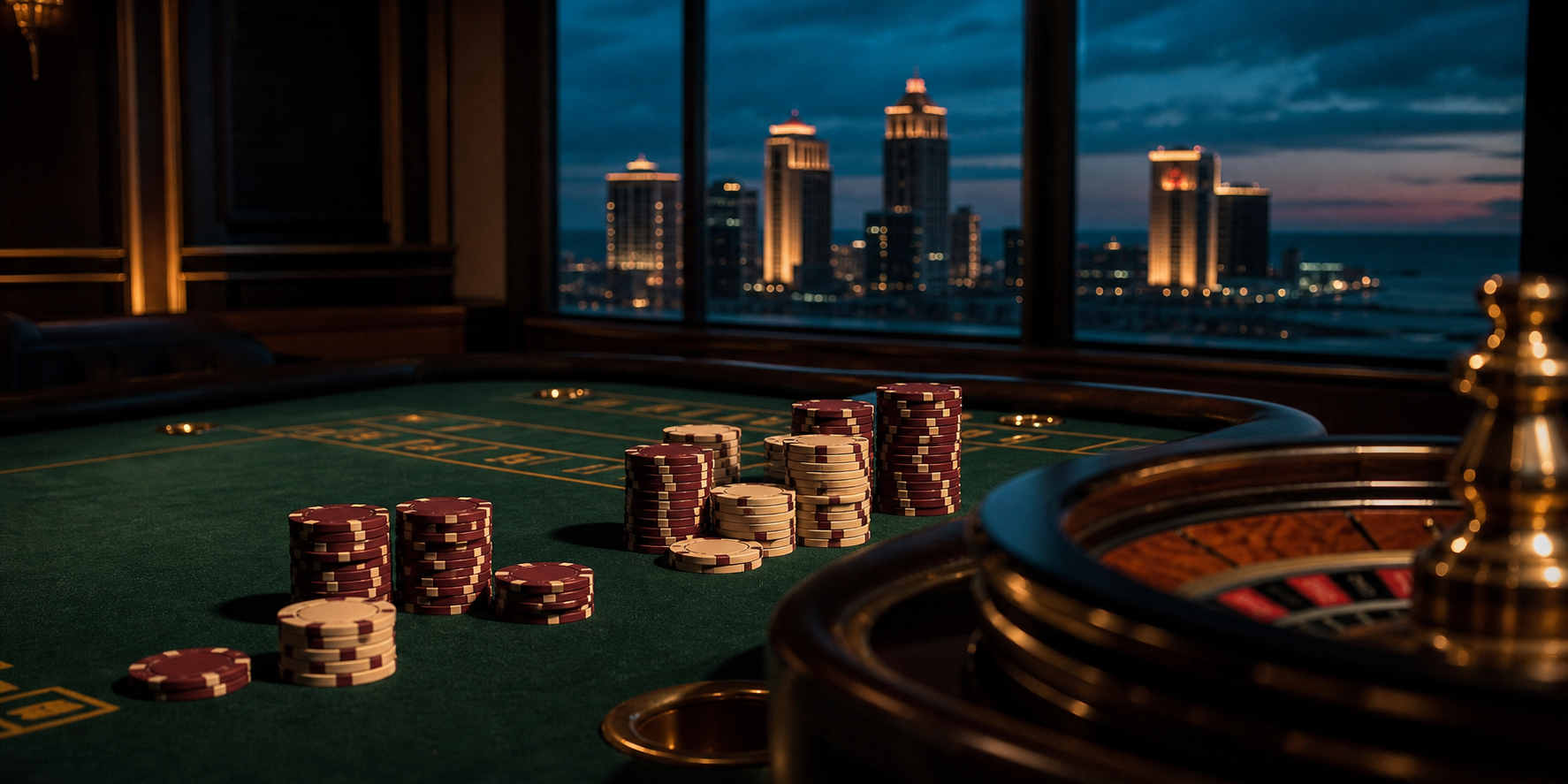 Casino table with burgundy and cream chips and a roulette wheel, Atlantic City skyline at blue hour beyond, online casinos in New Jersey