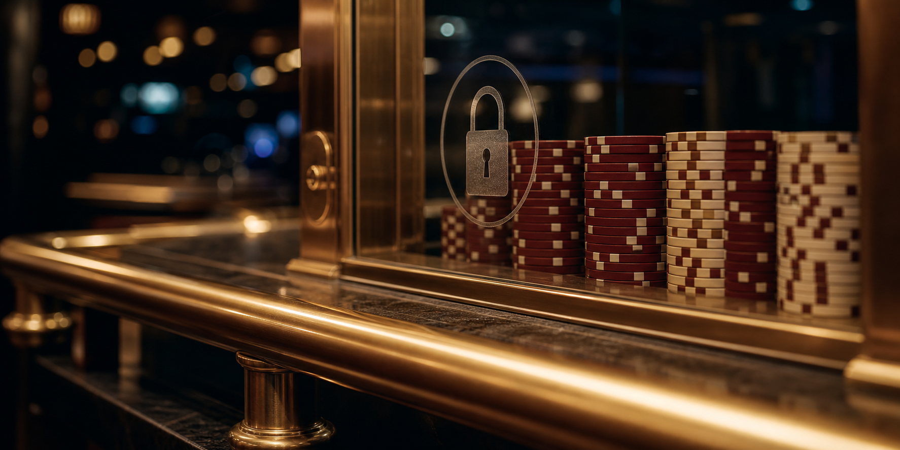 Casino cashier counter in warm low light with burgundy and cream chips stacked behind protective glass, player protection at New Jersey licensed casinos