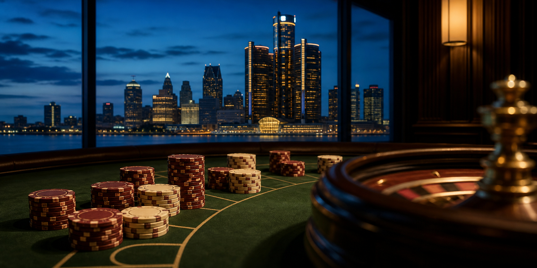 Casino table with burgundy and cream chips and a roulette wheel, Detroit skyline at blue hour beyond, online casinos in Michigan