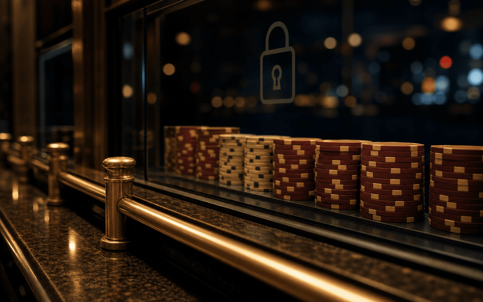Casino cashier counter in warm low light with burgundy and cream chips stacked behind protective glass, player protection at Michigan licensed casinos