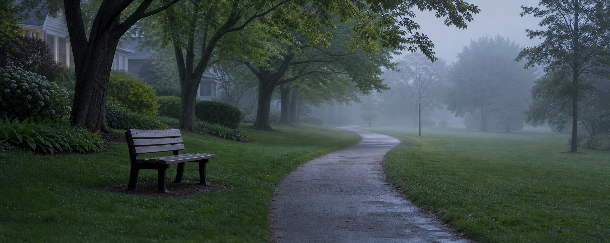Calm early morning park path with an empty bench in soft natural light