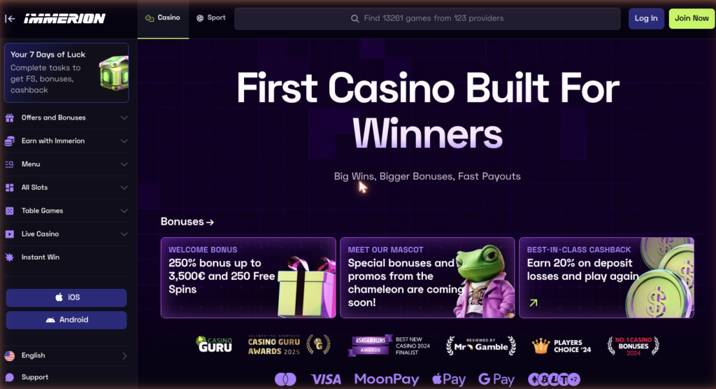 Immerion Casino homepage showing the 250% welcome bonus, 20% cashback offer and game lobby search
