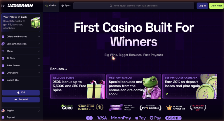 Immerion Casino homepage showing the 250% welcome bonus, 20% cashback offer and game lobby search