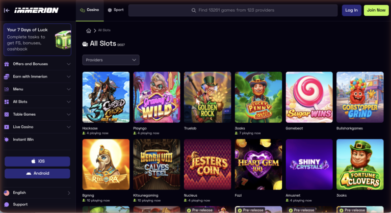 Immerion Casino slots lobby displaying slot game tiles from Pragmatic Play, Hacksaw and Nolimit City