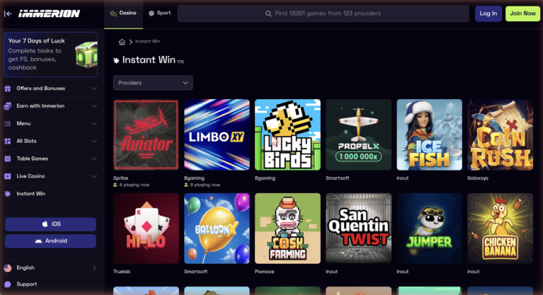 Immerion Casino instant win games section with crash and quick play titles