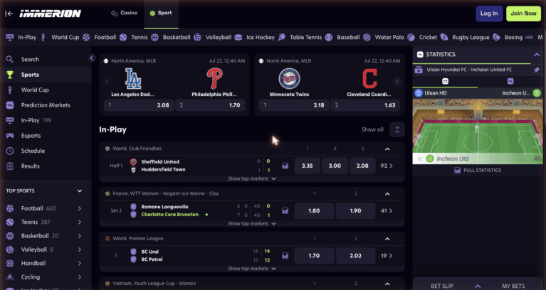 Immerion Casino sportsbook showing betting markets for football, tennis, basketball and esports