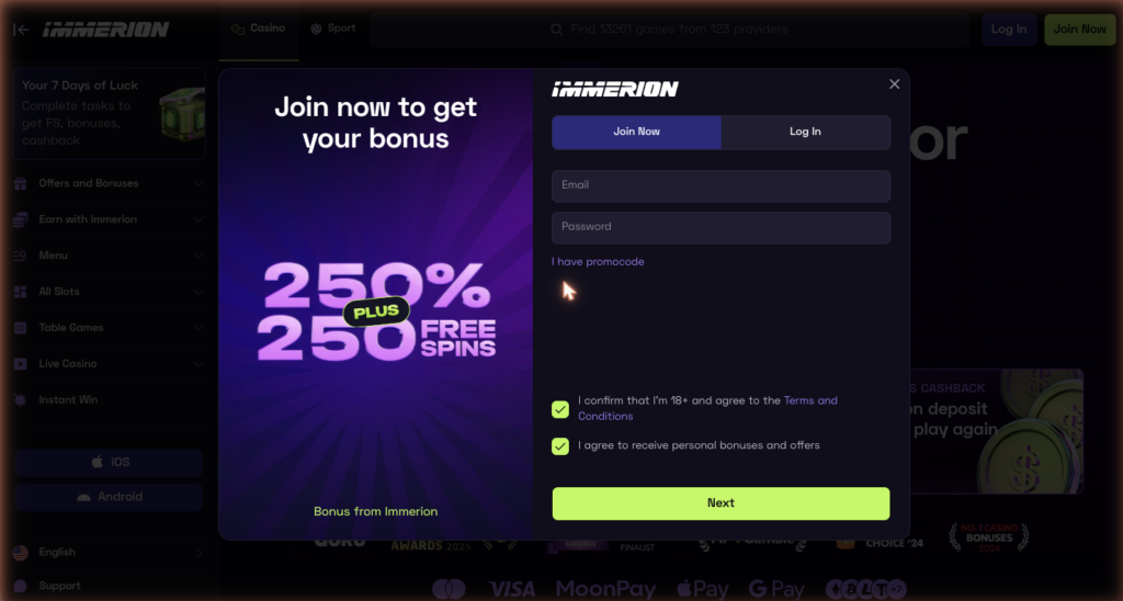 Immerion Casino registration form for creating a new player account