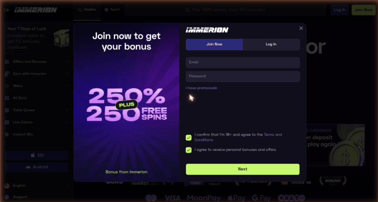 Immerion Casino registration form for creating a new player account