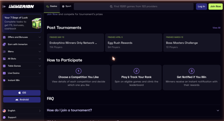 Immerion Casino tournaments page showing active leaderboard races and prize pools