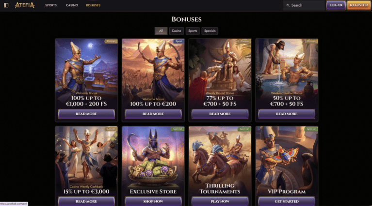 Atefia Casino promotions page showing welcome bonus, reload bonuses and weekly cashback offers