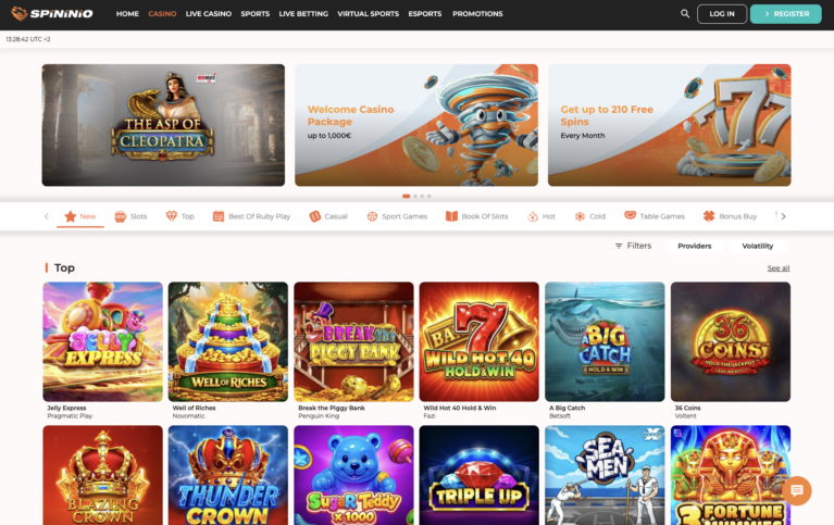 Slots lobby showing Pragmatic Play and Betsoft titles with live RTP percentages on the game tiles