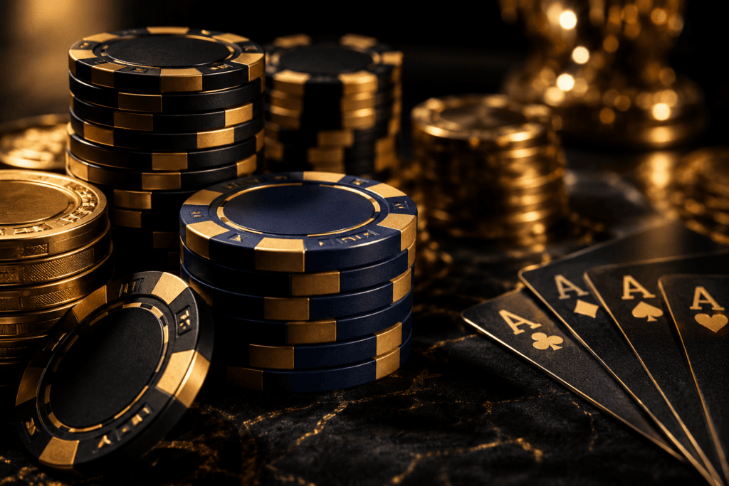 Casino Bonuses 2025 represented by stacked gold casino chips and playing cards