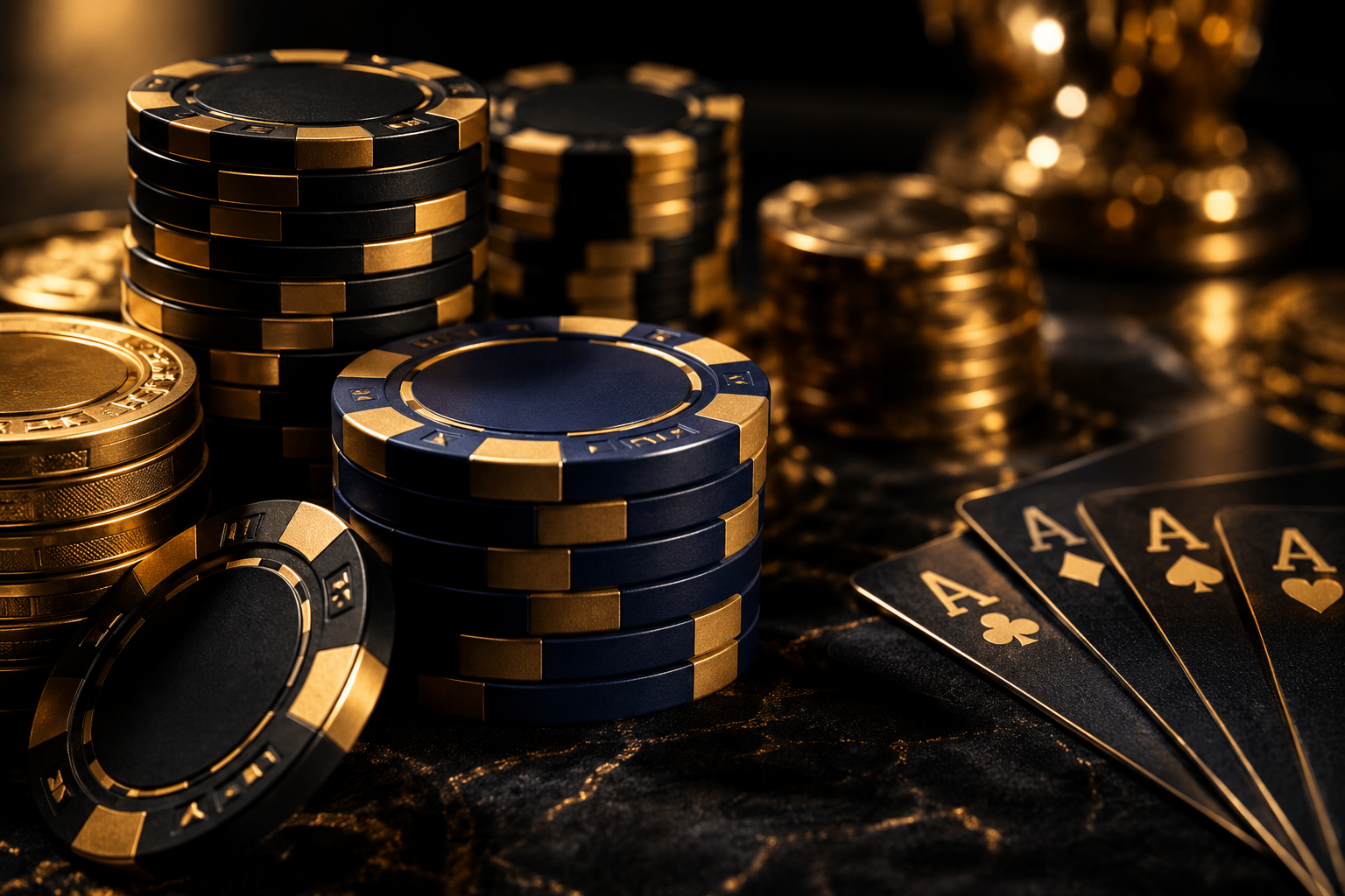 Casino Bonuses 2025 represented by stacked gold casino chips and playing cards