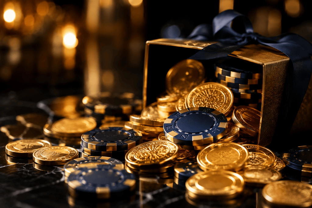 Welcome offer among the best Casino Bonuses 2025 shown as golden coins and chips