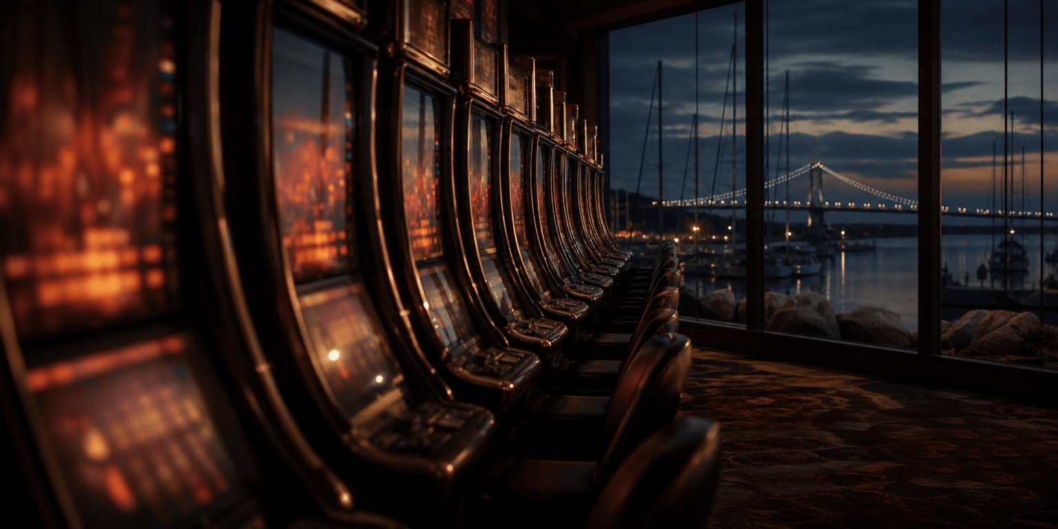 Online casinos in Rhode Island, slot machines at night with a Newport harbour and bridge through the windows
