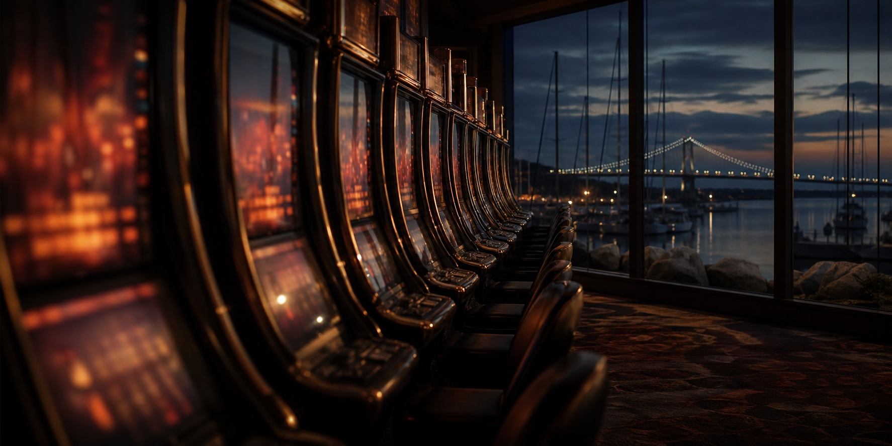 Online casinos in Rhode Island, slot machines at night with a Newport harbour and bridge through the windows