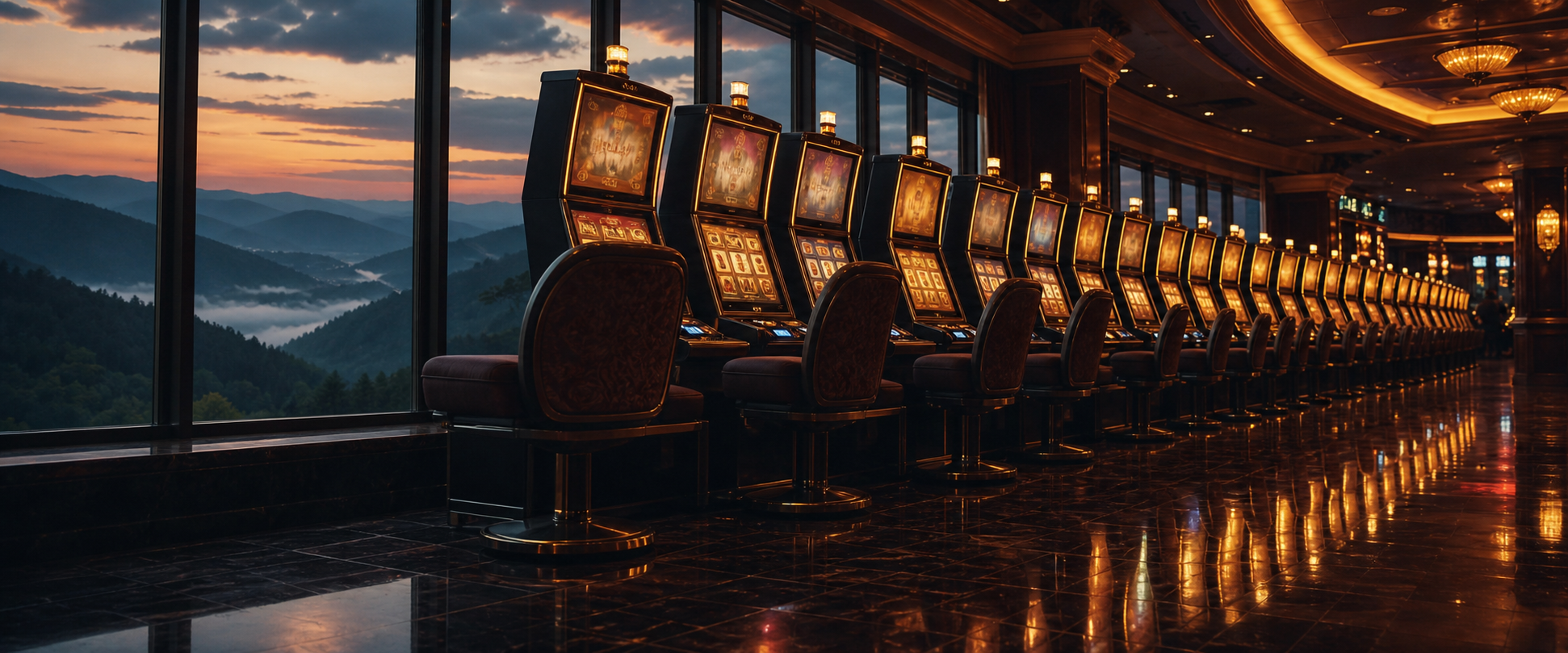 Casino slot machine floor at night with forested Appalachian mountain ridges visible through the windows, West Virginia