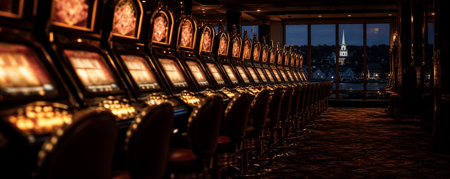Row of casino slot machines at night with a New England coastal town and white church steeple visible through the windows