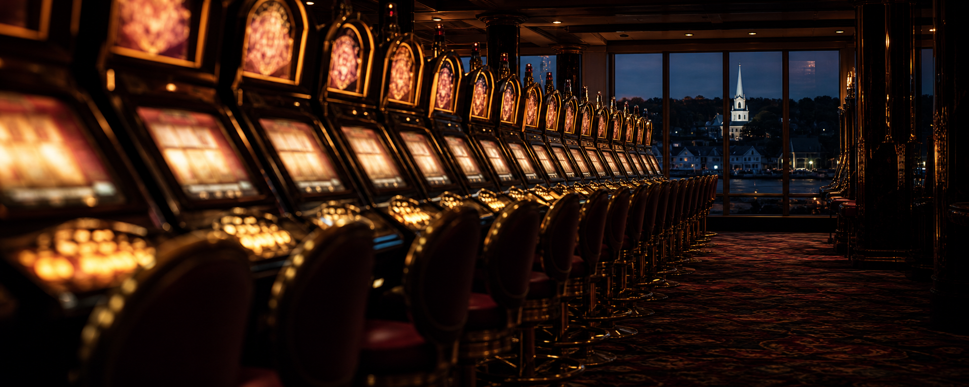 Row of casino slot machines at night with a New England coastal town and white church steeple visible through the windows