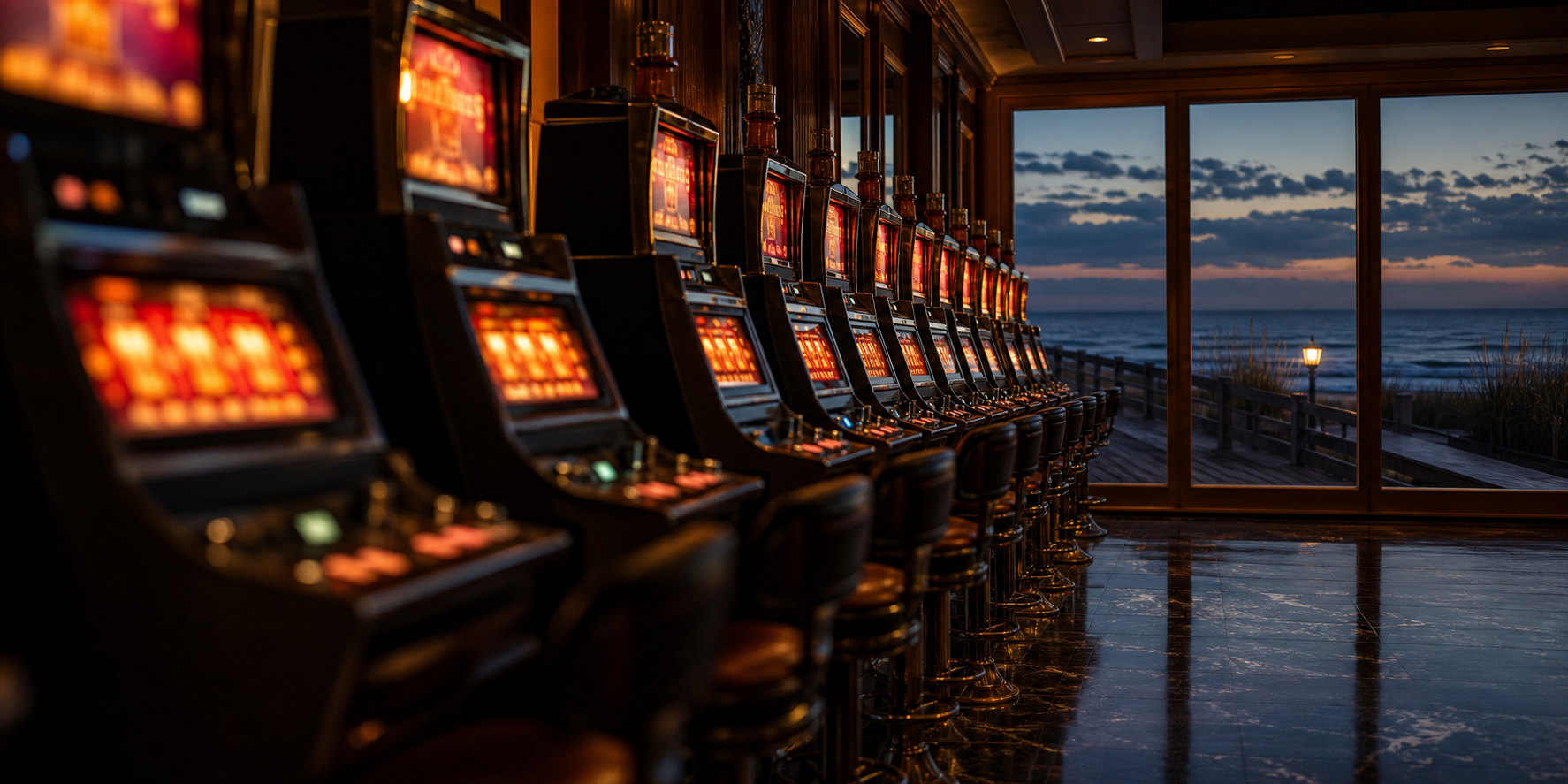 Row of casino slot machines at night with a Mid-Atlantic beach boardwalk, dunes and calm Atlantic surf visible through the windows