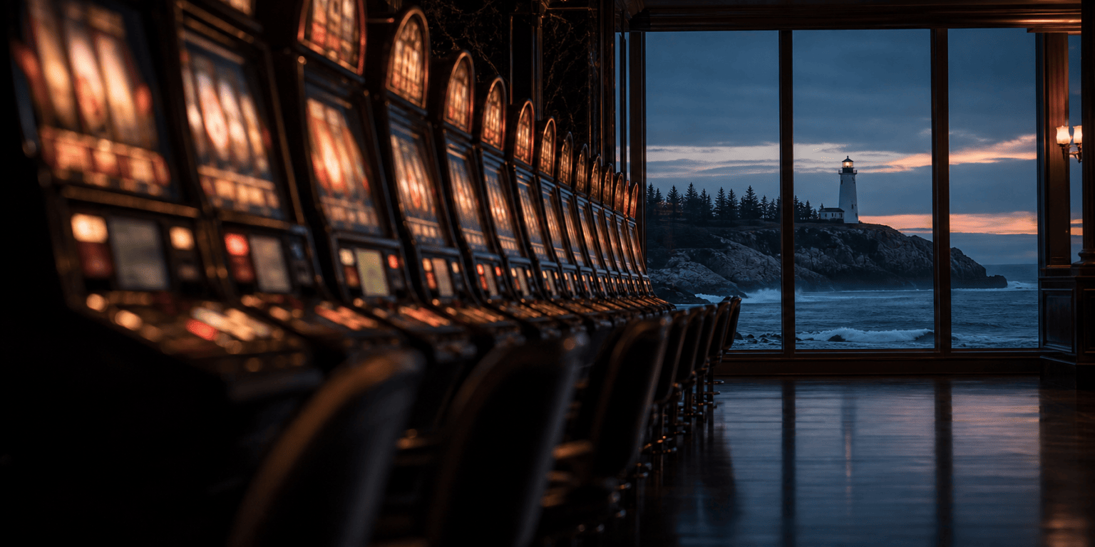 Online casinos in Maine, slot machines at night with a lighthouse coastline through the windows