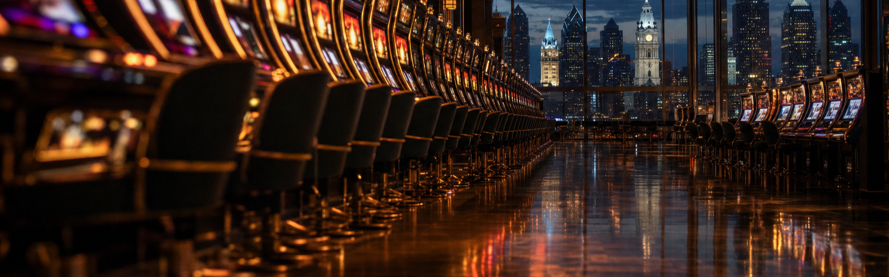 Casino slot machine floor at night with the Philadelphia skyline and City Hall tower visible through the windows, Pennsylvania