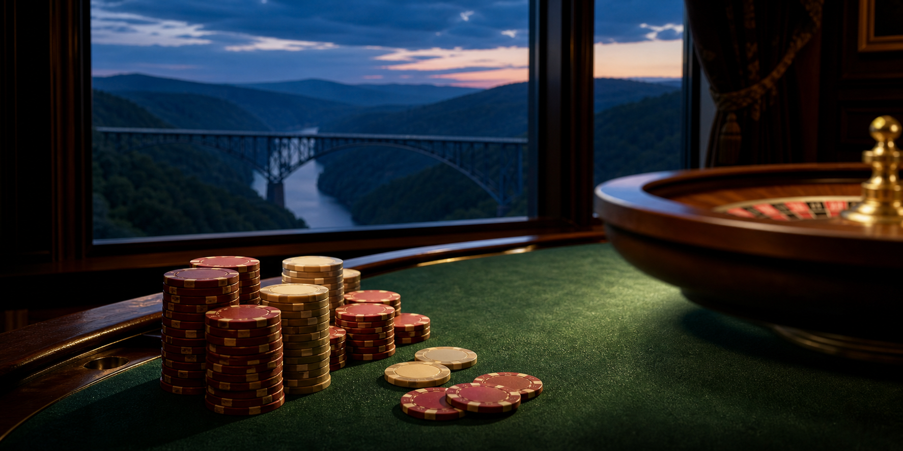 Casino table with burgundy and cream chips and a roulette wheel, Appalachian ridges and a steel arch bridge over a river gorge beyond, online casinos in West Virginia