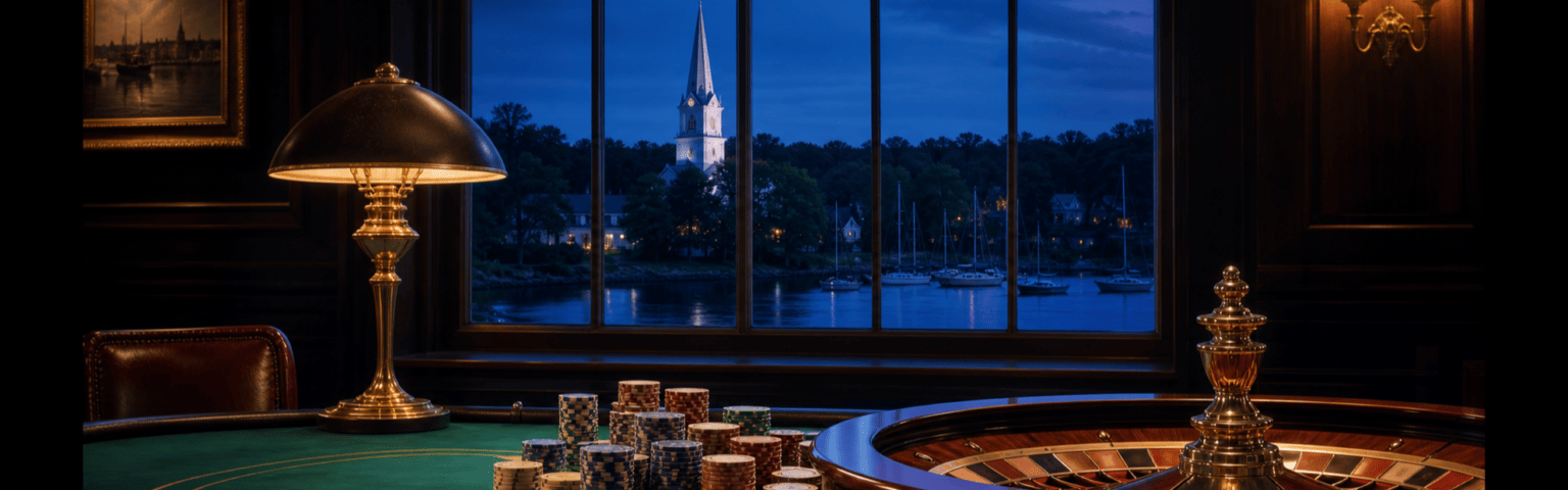 Green baize casino table with stacked chips and a roulette wheel, a New England harbour with sailboats and a white church steeple through the window at blue hour